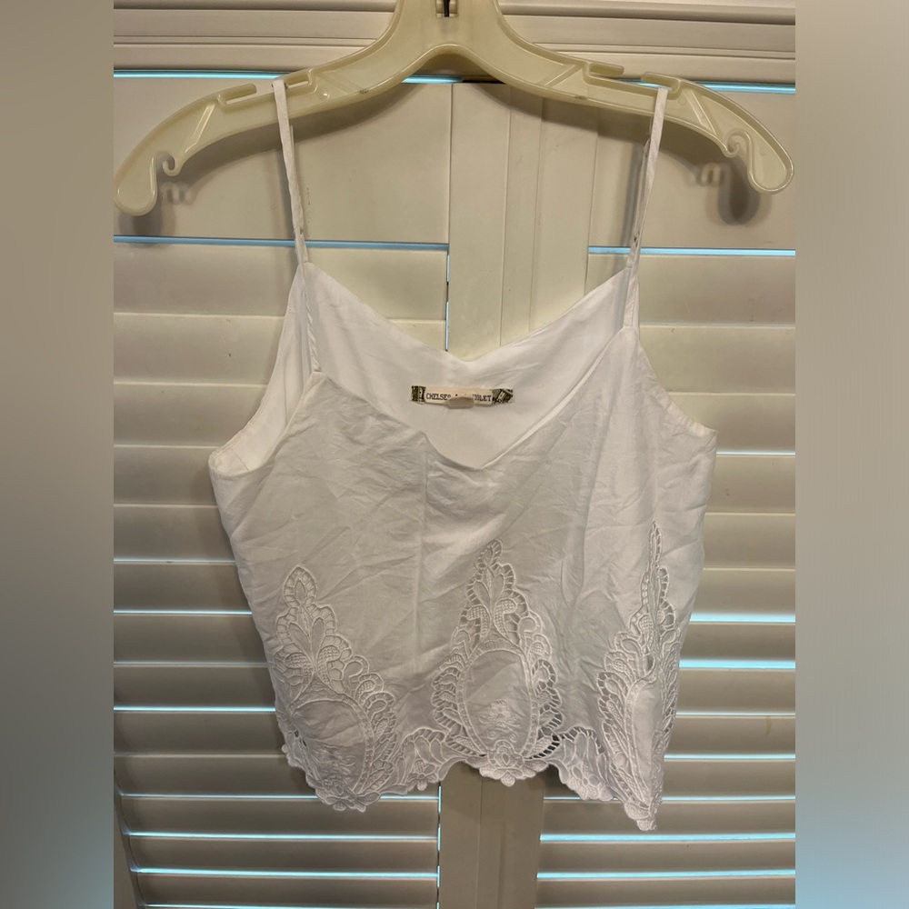 White Chelsea and violet top